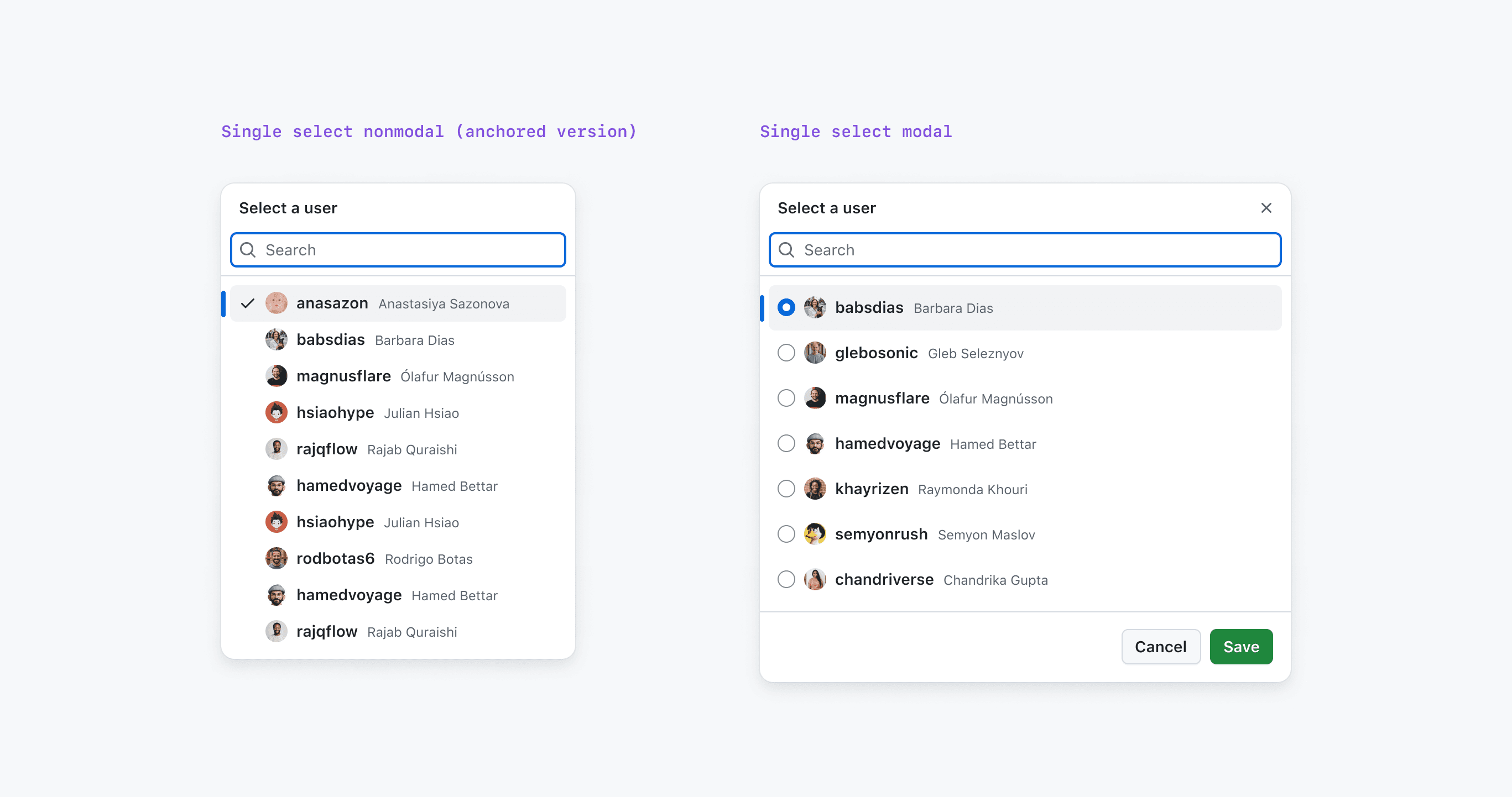 Select panel titled Change author with a search bar and a list of names.