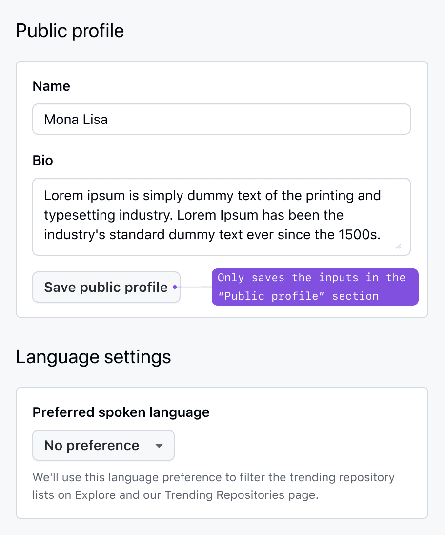A form with controls divided into multiple sections. Only the first section contains a 'Save public profile' button