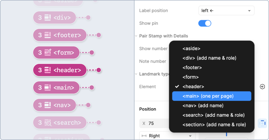 A form element stamp (with a label of Input), a primer a11y preset stamp, and a landmark stamp sit to the left of a screenshot of Figma's properties panel. In the panel is an element dropdown that allows the stamp label to be changed. On the right are additional options for what the form element label could be.