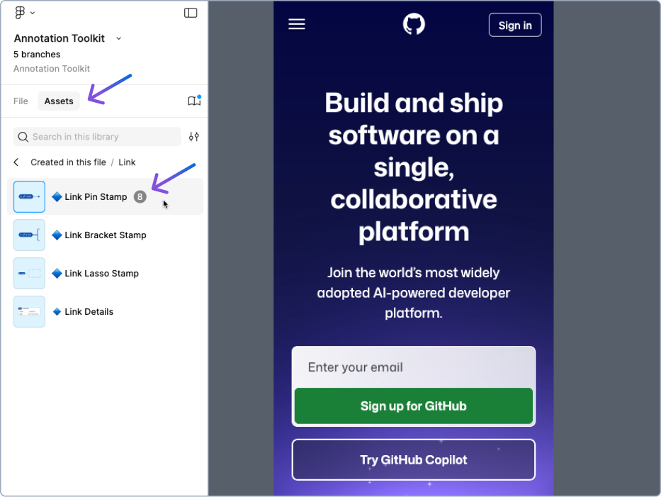Selecting components from the Annotation Toolkit in Figma's asset library panel, with a GitHub.com homepage design on the canvas.