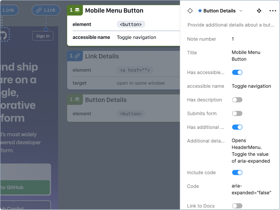 Configuring the top Details annotation for the design's mobile menu button. The Figma component properties panel shows options for Note number, Title, a toggle for submitting a form, Accessible name (optional), description (optional), additional details (optional), code snippet (optional), and links to docs (optional).