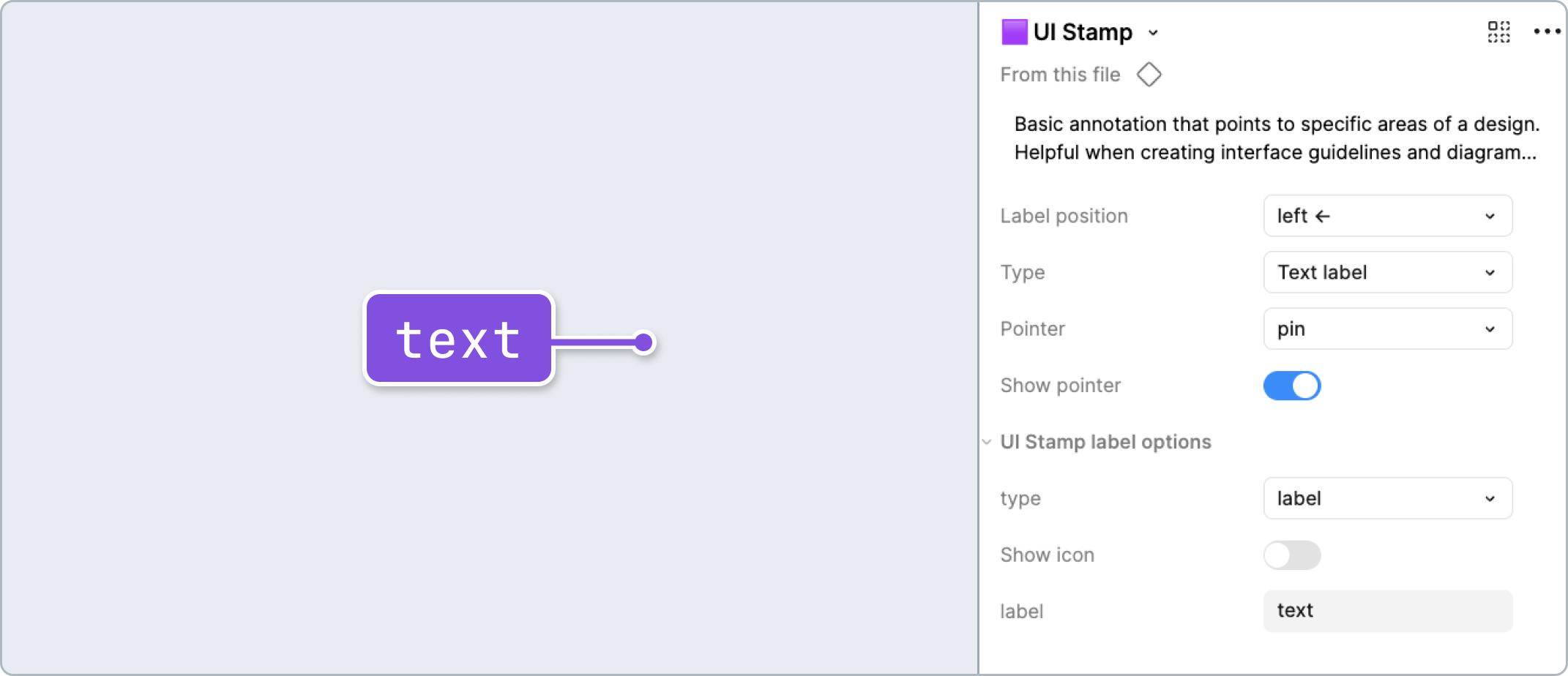 A UI Stamp annotation and a Figma properties panel. The label position is set to left, label type is text, and the pointer property is set to pin.